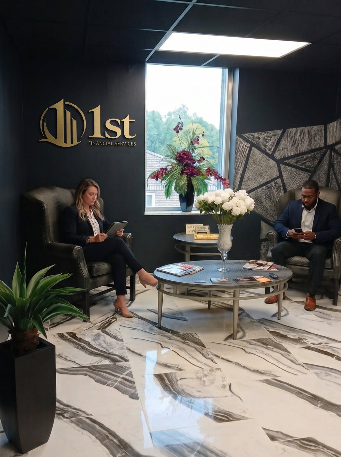 Reception area at 1st Financial Services with seating, flowers, and the gold wall logo